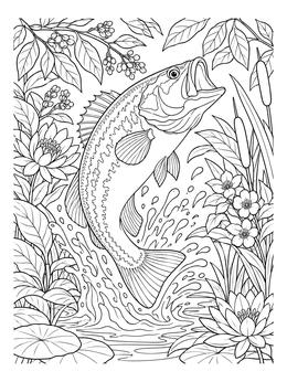 A dynamic bass coloring page showing a largemouth bass jumping out of water among water lilies.