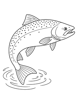 A dynamic salmon coloring page showing a fish leaping above water ripples.
