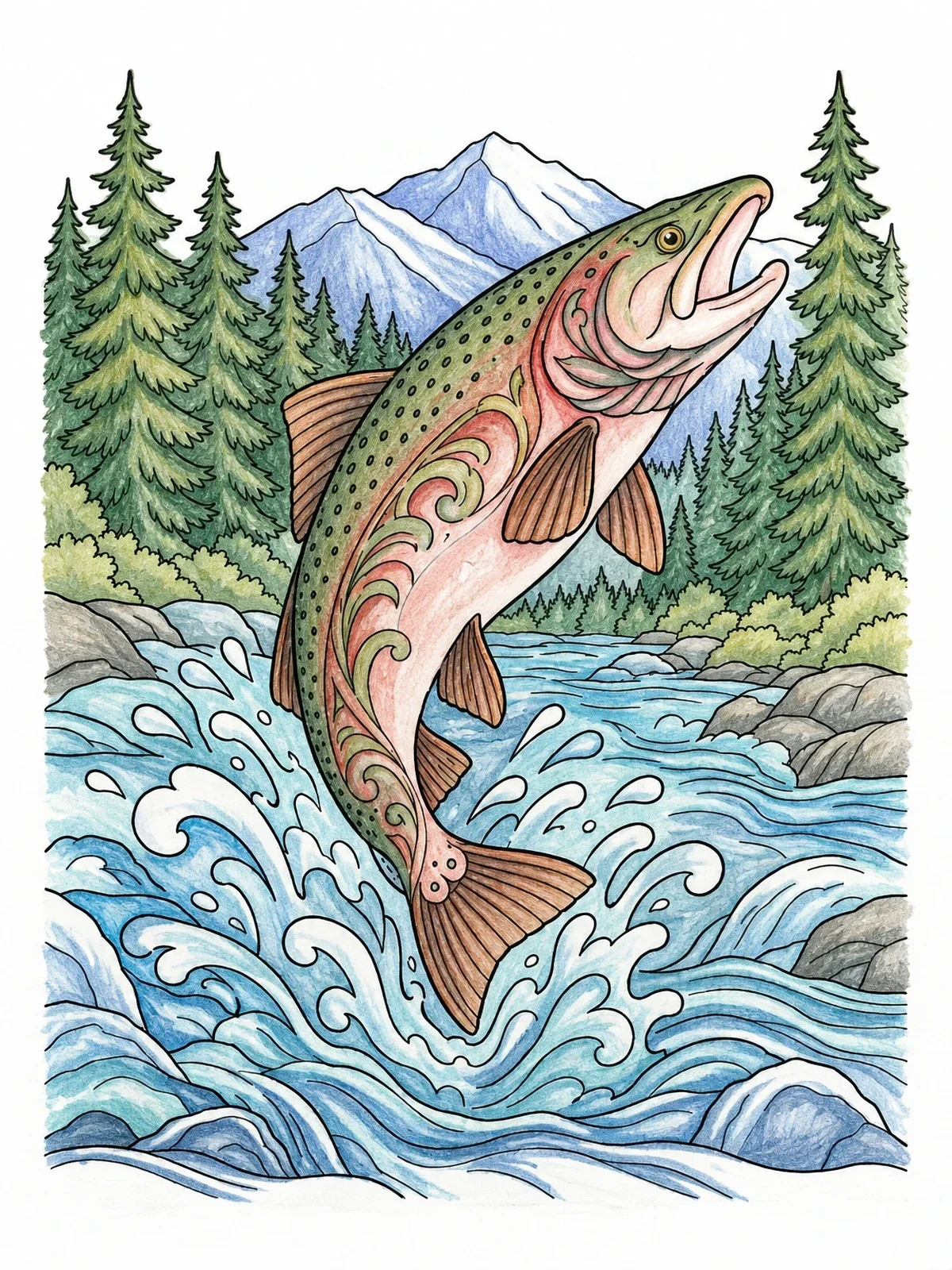 Colored example of the Leaping Salmon In Alaskan Wilderness coloring page