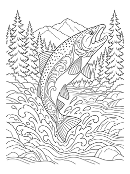 Free printable Leaping Salmon In Alaskan Wilderness coloring page