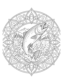 A leaping fish in a detailed circular frame on this salmon coloring page.