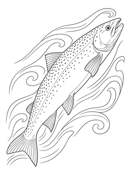 A detailed salmon coloring page showing a fish leaping against swirling river currents.