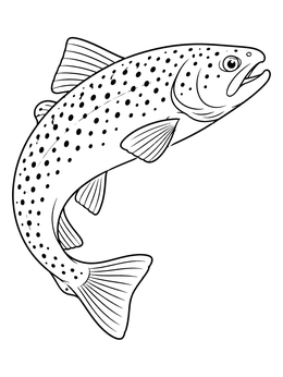 A detailed leaping trout coloring page showing speckled patterns and fins.