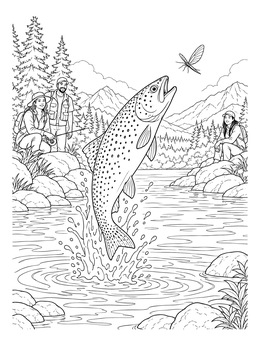 Free printable Trout Leaping In Mountain River coloring page