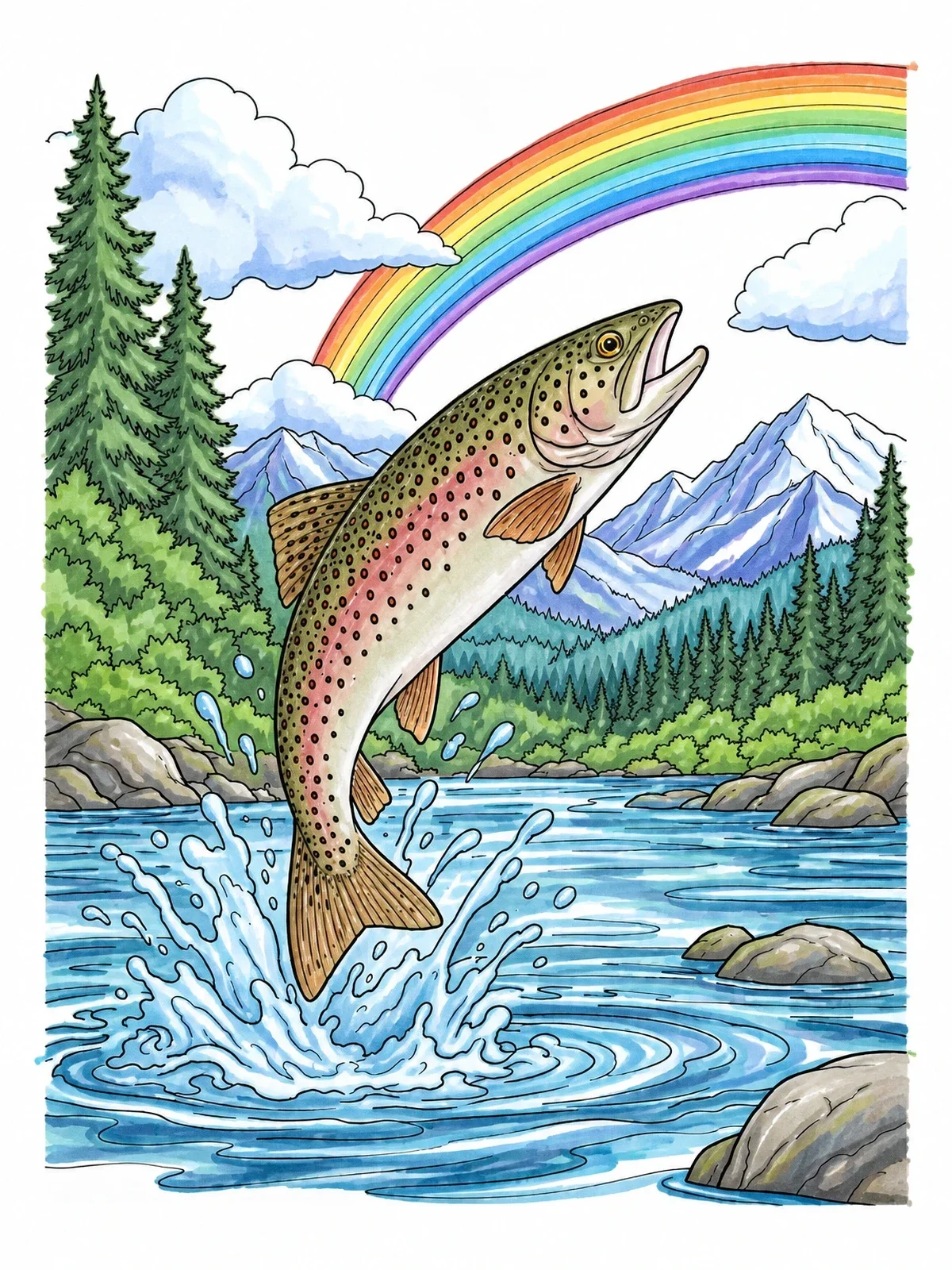 Colored example of the Trout Leaping Under A Rainbow coloring page