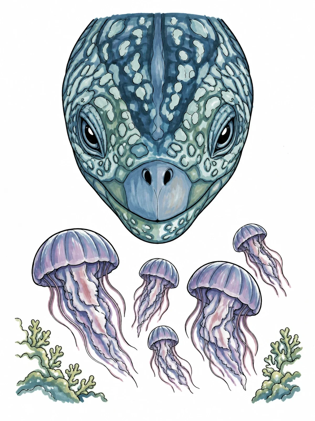 Colored example of the Leatherback Sea Turtle And Jellyfish coloring page