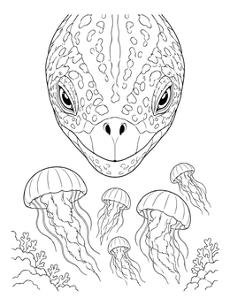 A close-up leatherback sea turtle coloring page gazing down at drifting jellyfish.