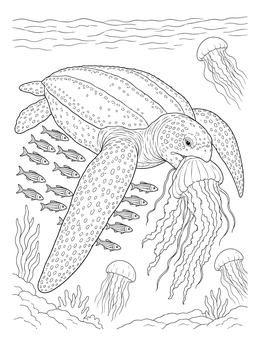 Detailed leatherback sea turtle coloring page showing the turtle eating a jellyfish with small fish swimming nearby.