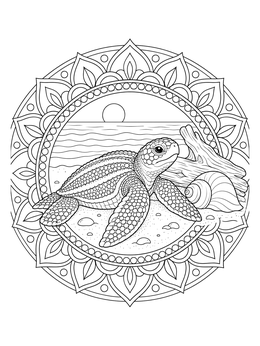 A detailed leatherback sea turtle coloring page framed inside an intricate floral mandala.