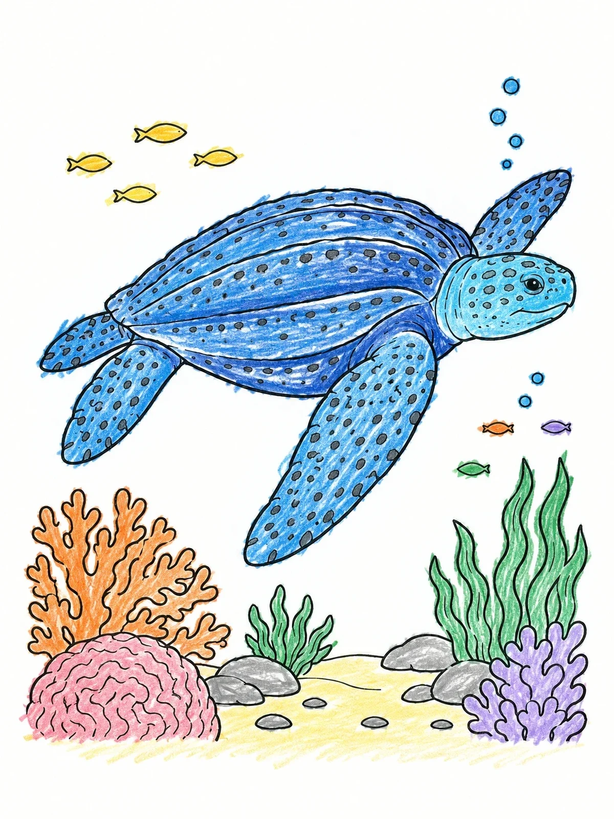 Colored example of the Leatherback Sea Turtle Over Coral Reef coloring page