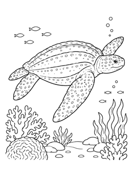 Free printable Leatherback Sea Turtle Over Coral Reef coloring page