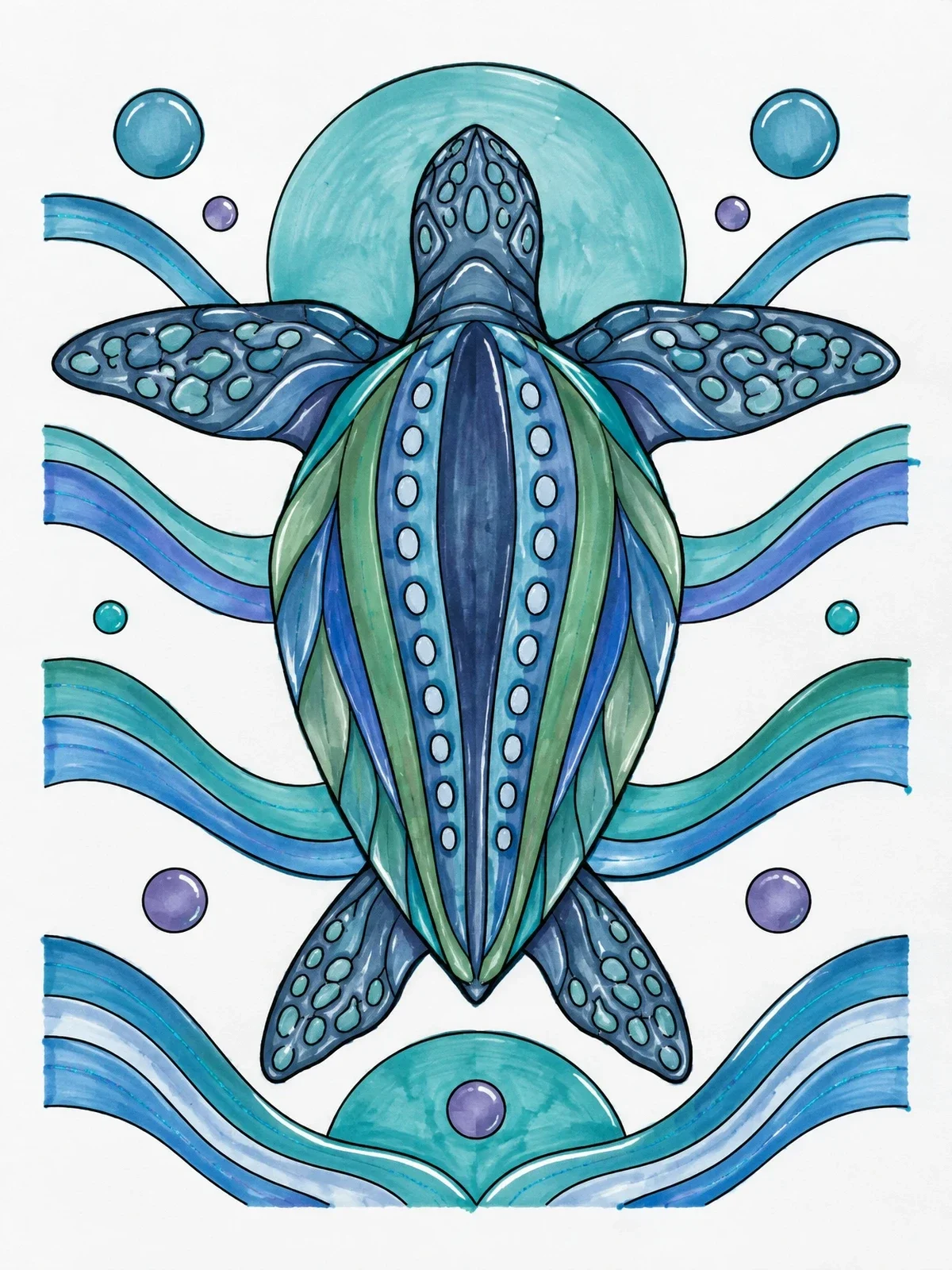 Colored example of the Swimming Leatherback Sea Turtle Mandala Art coloring page