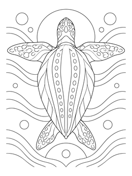 A detailed leatherback sea turtle coloring page surrounded by gentle ocean waves and bubbles.