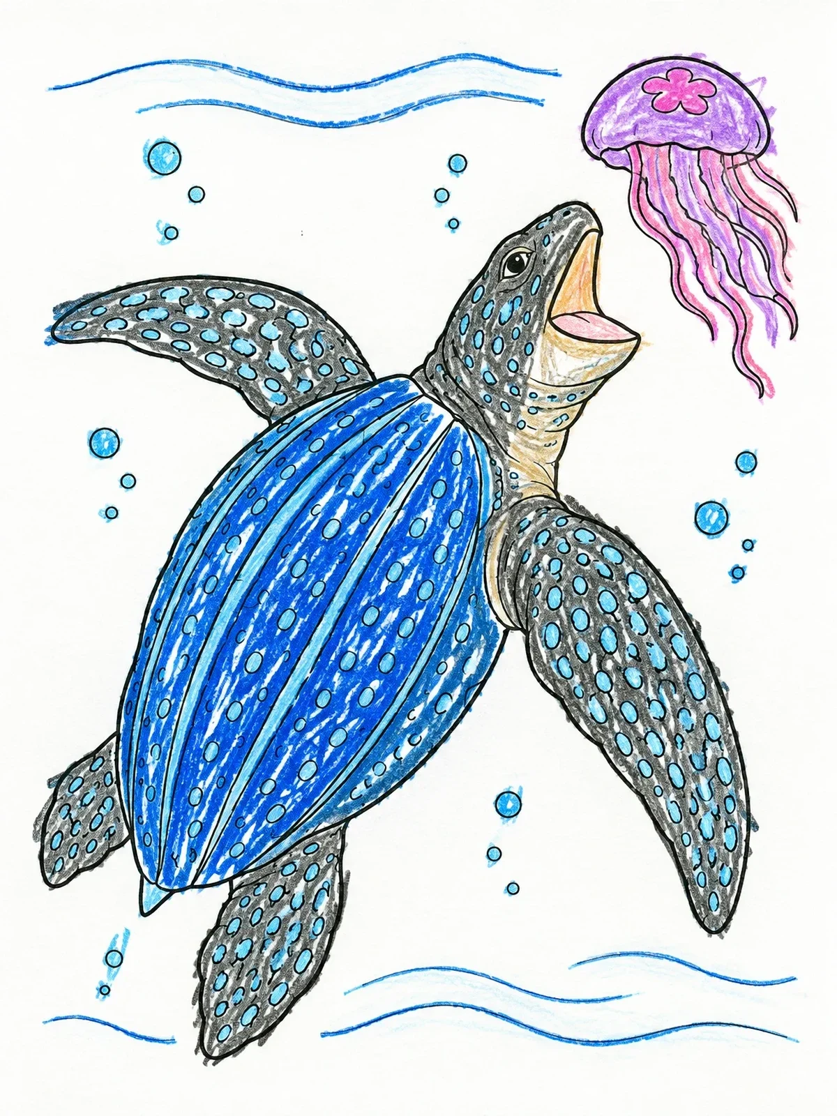 Colored example of the Leatherback Turtle Hunting A Jellyfish coloring page