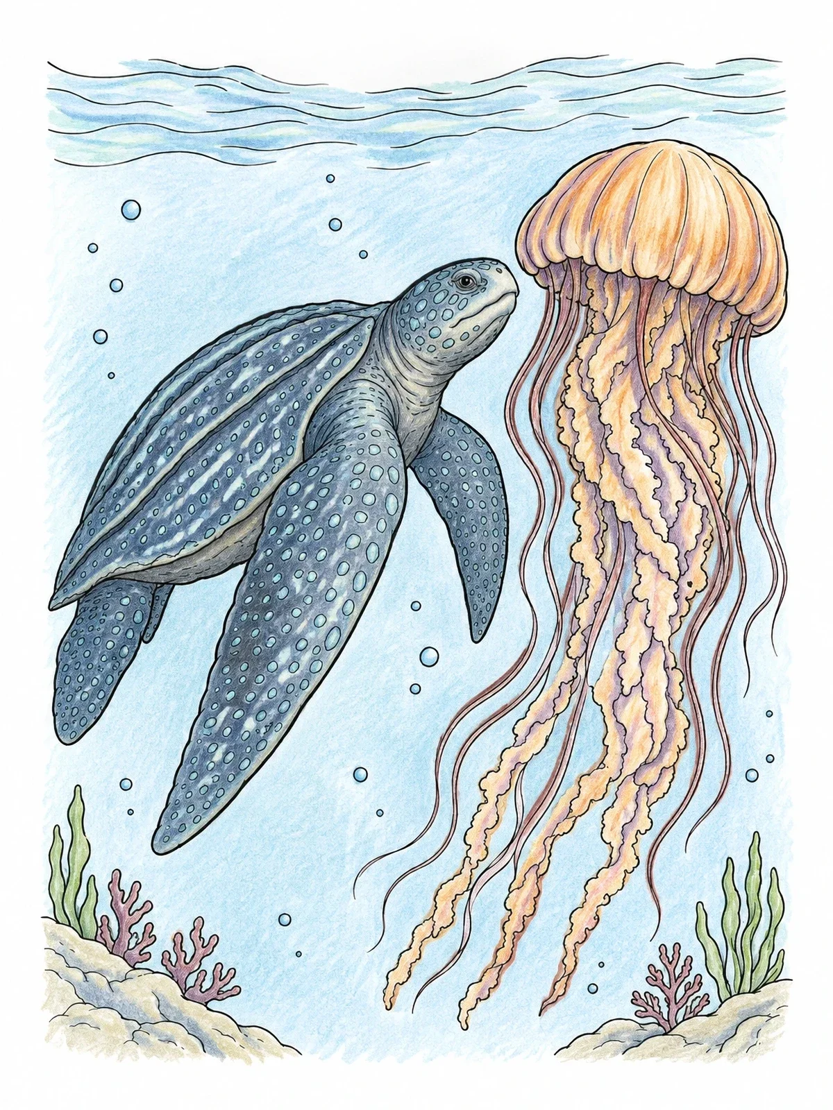 Colored example of the Leatherback Turtle And Giant Jellyfish coloring page