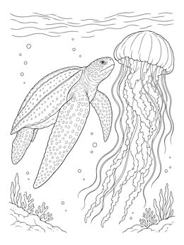 A detailed leatherback sea turtle coloring page showing the turtle swimming beside a large jellyfish.