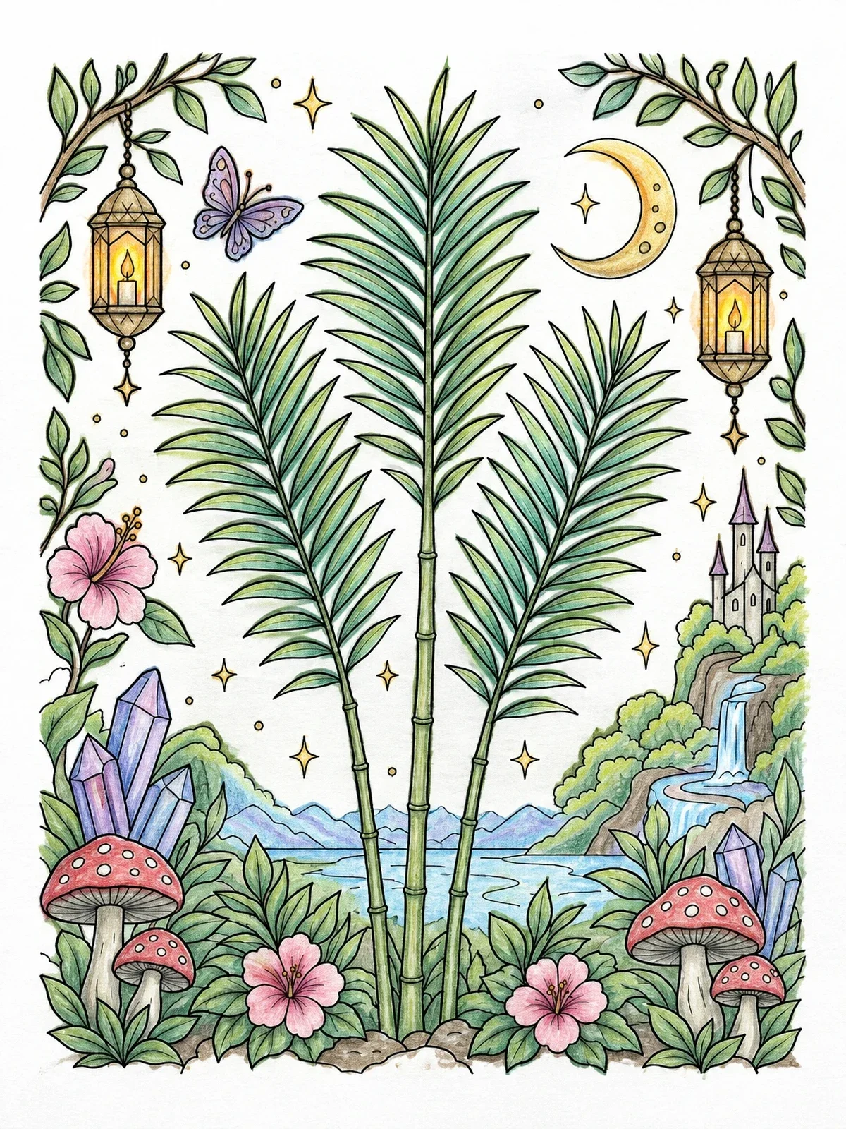 Colored example of the Bamboo Palm Fronds In Fantasy Landscape coloring page