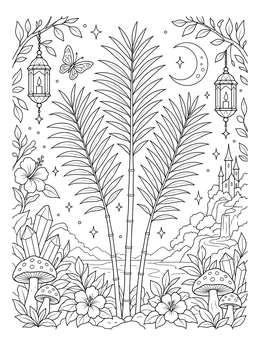 Slender palm fronds in a whimsical leaves coloring page with lanterns, crystals, and a crescent moon.