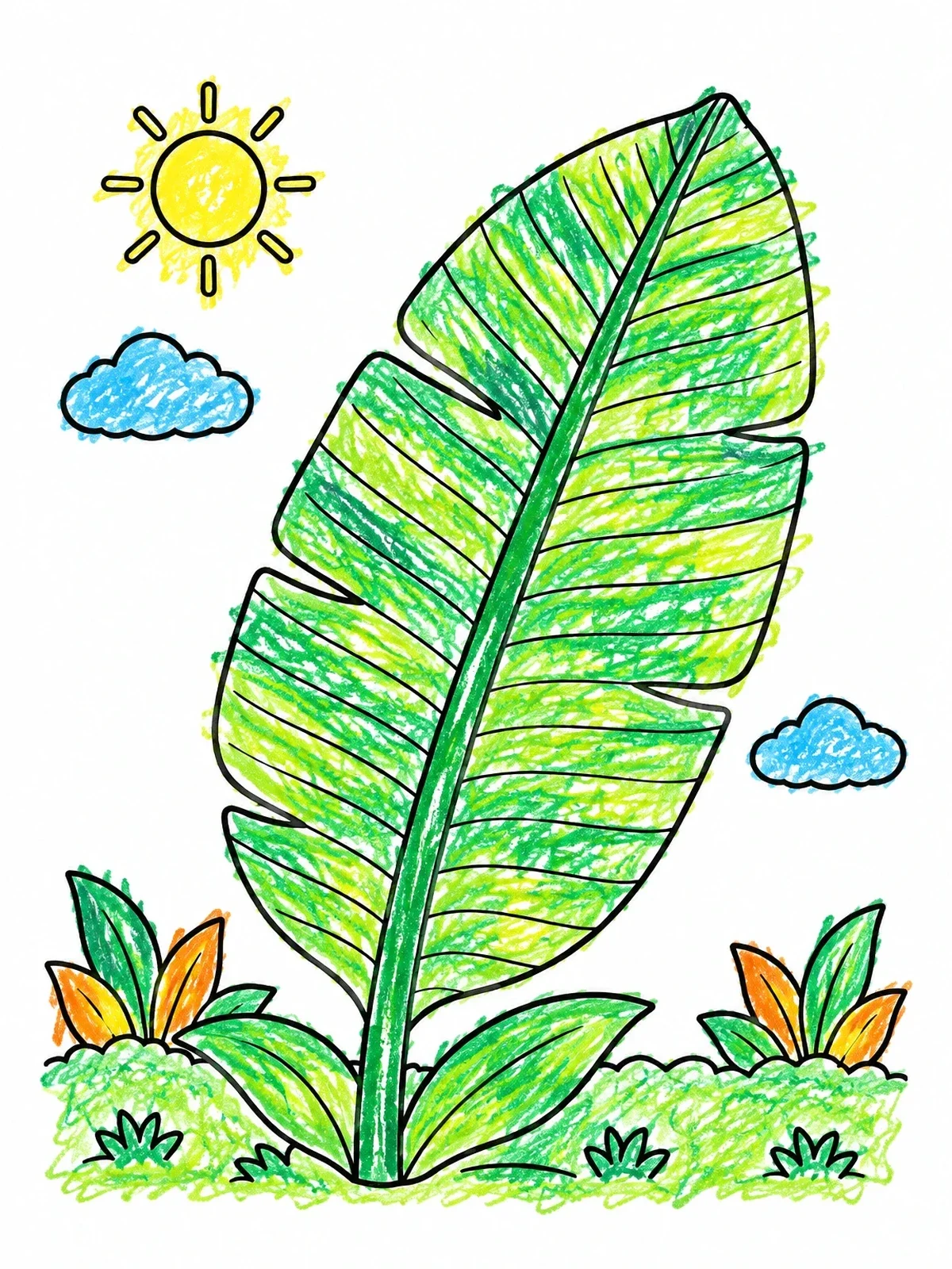 Colored example of the Big Banana Leaf Outdoors coloring page