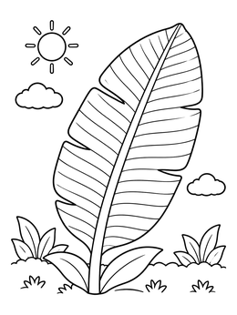 A large tropical leaf in a sunny garden on this leaves coloring page.