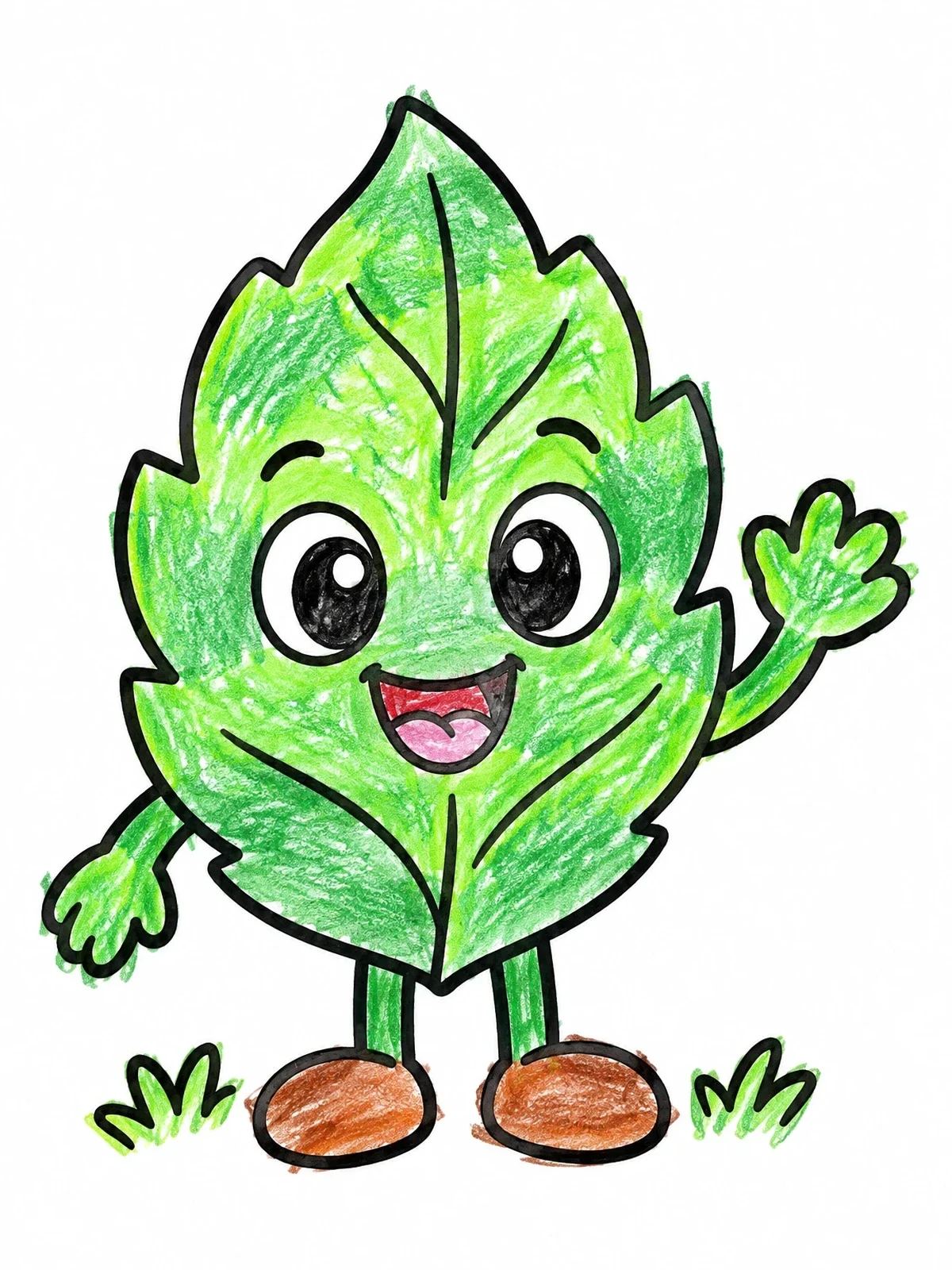 Colored example of the Cheerful Cartoon Leaf Character Waving coloring page