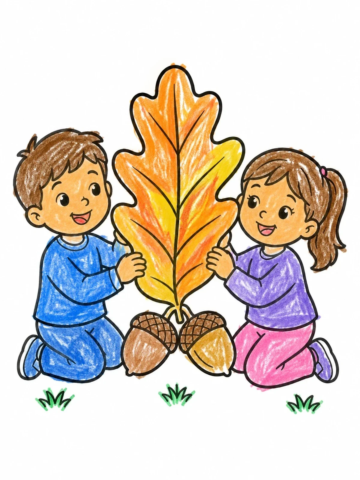 Colored example of the Children Holding A Giant Oak Leaf coloring page