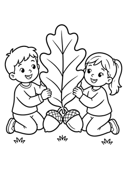 A cheerful leaves coloring page featuring two children holding an enormous oak leaf and acorns.