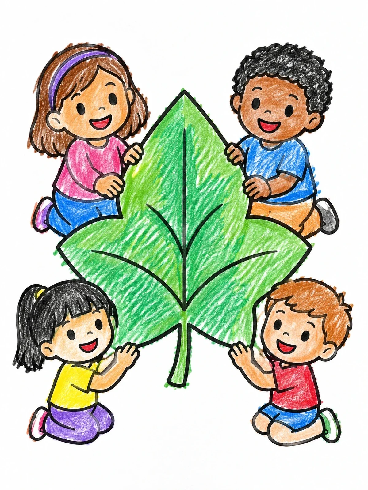 Colored example of the Children Holding Giant Tree Leaf coloring page