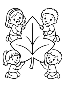 Free printable Children Holding Giant Tree Leaf coloring page