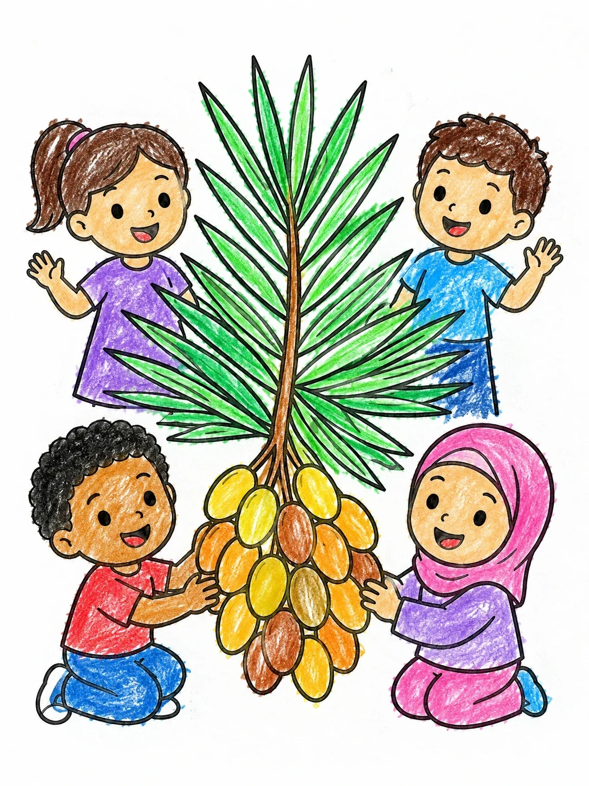 Colored example of the Children With Date Palm Branch coloring page