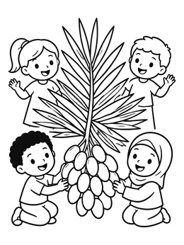Happy children surround a palm branch in this leaves coloring page.