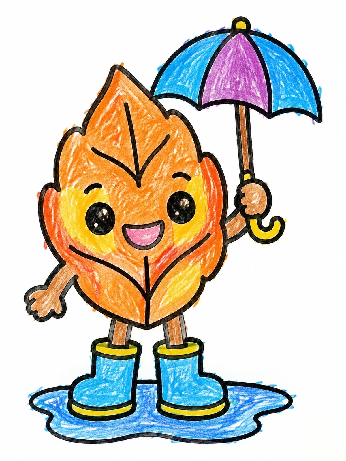 Colored example of the Cute Autumn Leaf In Rain Boots coloring page