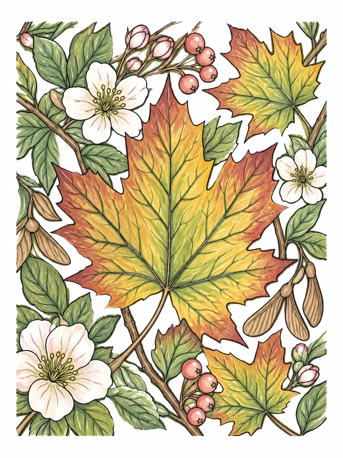 Colored example of the Detailed Maple Leaf And Blossoms coloring page