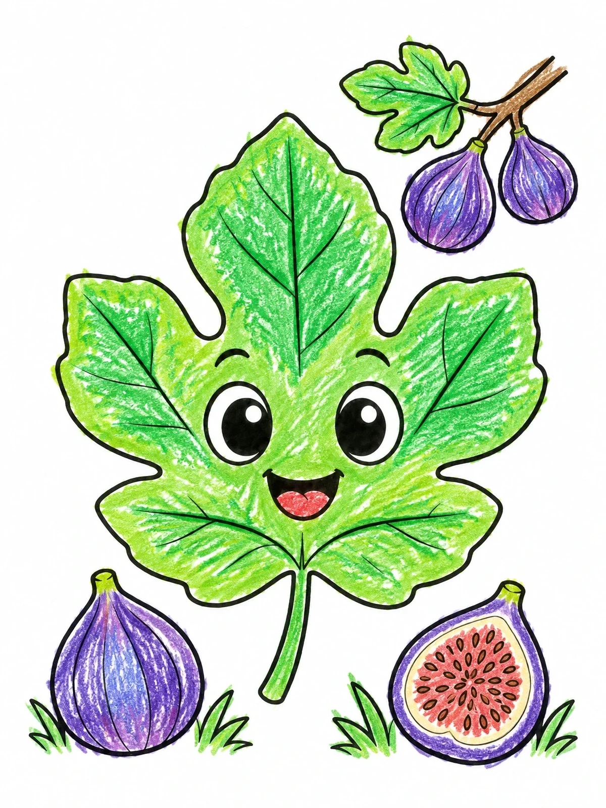 Colored example of the Happy Fig Leaf And Fruit coloring page