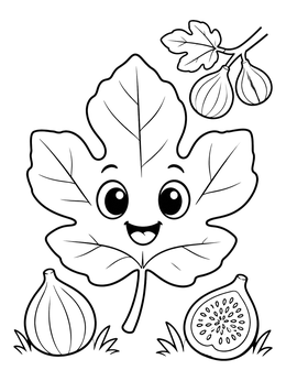 A cheerful cartoon fig leaf surrounded by fresh figs on a tree leaves coloring page.