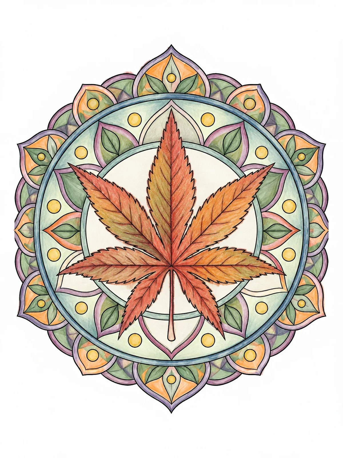 Colored example of the Japanese Maple Leaf Mandala coloring page