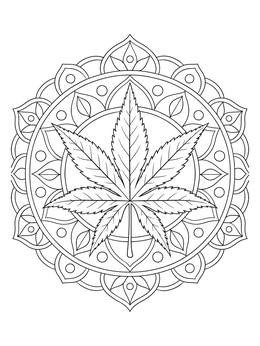 A decorative leaves coloring page featuring a serrated leaf over a circular mandala.