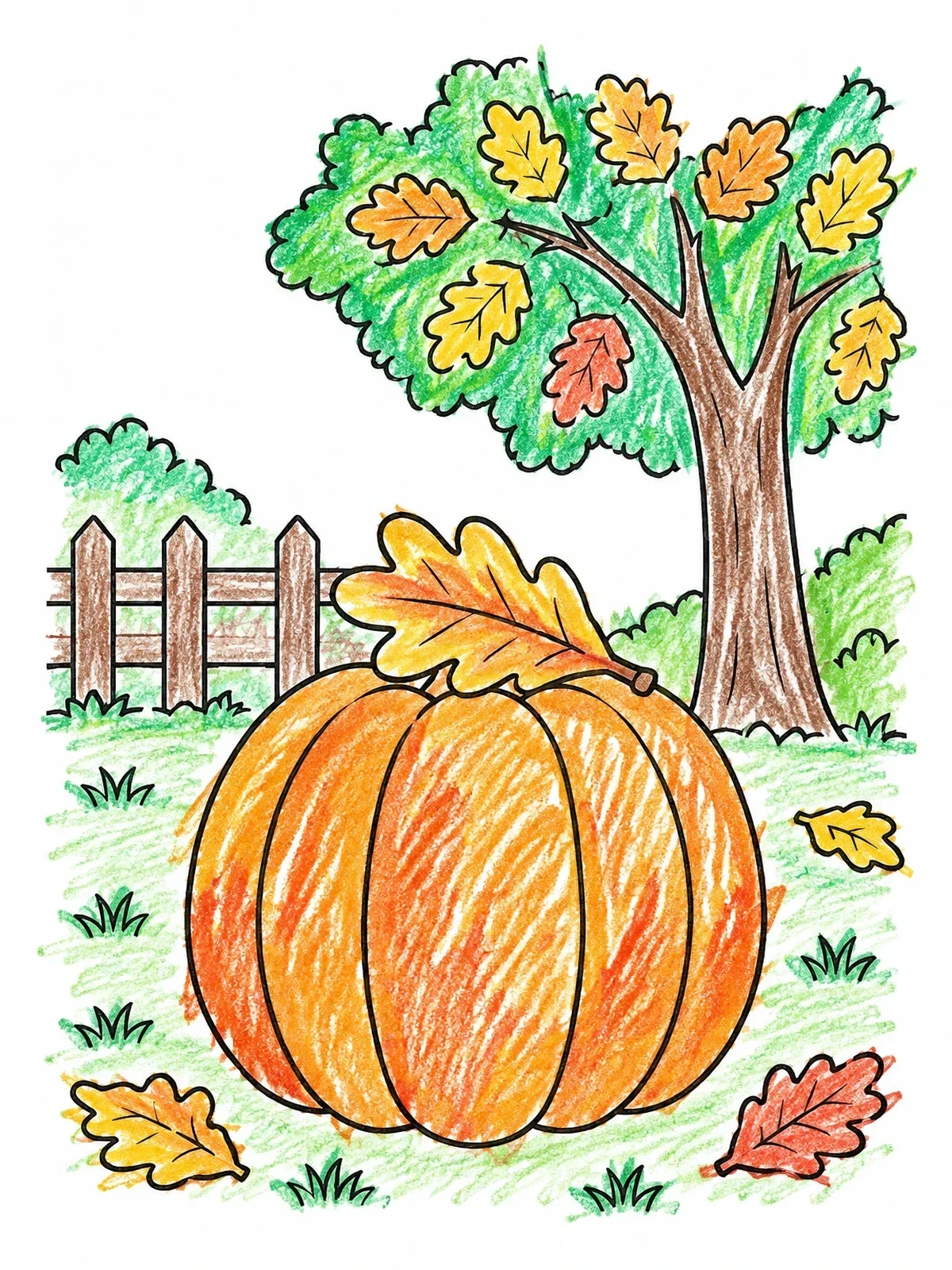 Colored example of the Oak Leaf On Garden Pumpkin coloring page