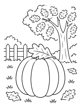 An oak leaves coloring page showing a large pumpkin beside an autumn tree.