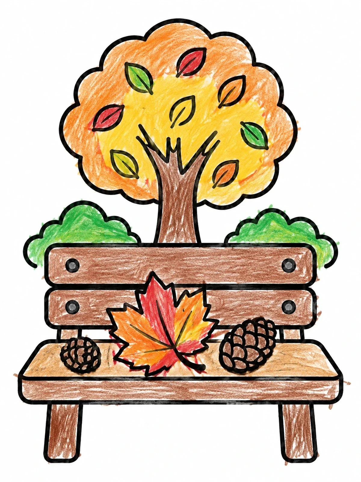 Colored example of the Park Bench With Autumn Maple Leaf coloring page