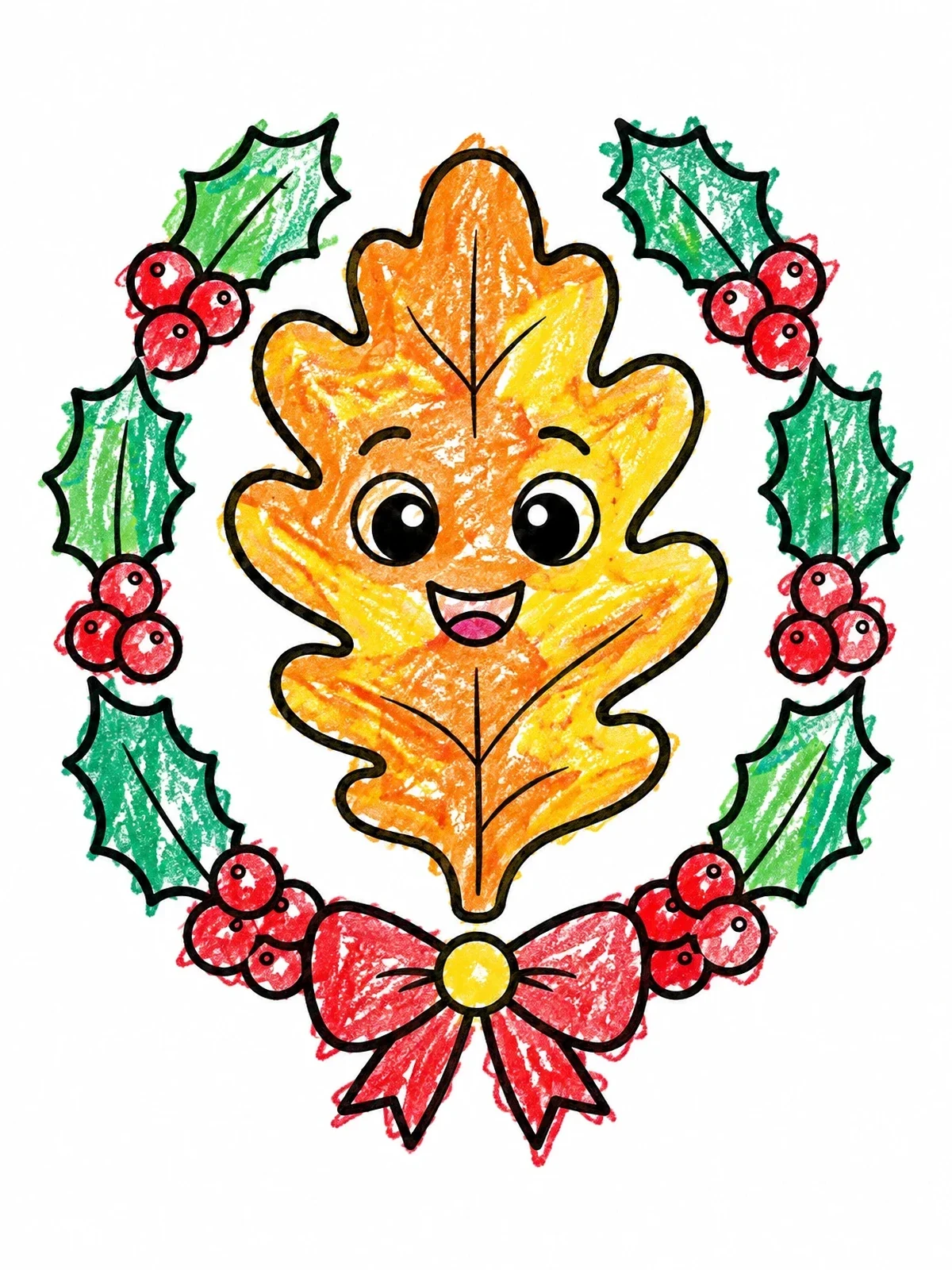Colored example of the Smiling Oak Leaf In Holly Wreath coloring page