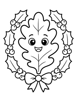 A cheerful cartoon oak leaf inside a holly leaves coloring page wreath with berries.