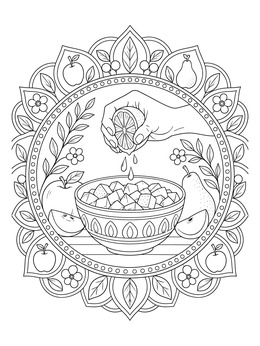 A hand squeezes fresh lemon juice over fruit in this detailed fruit salad coloring page mandala.