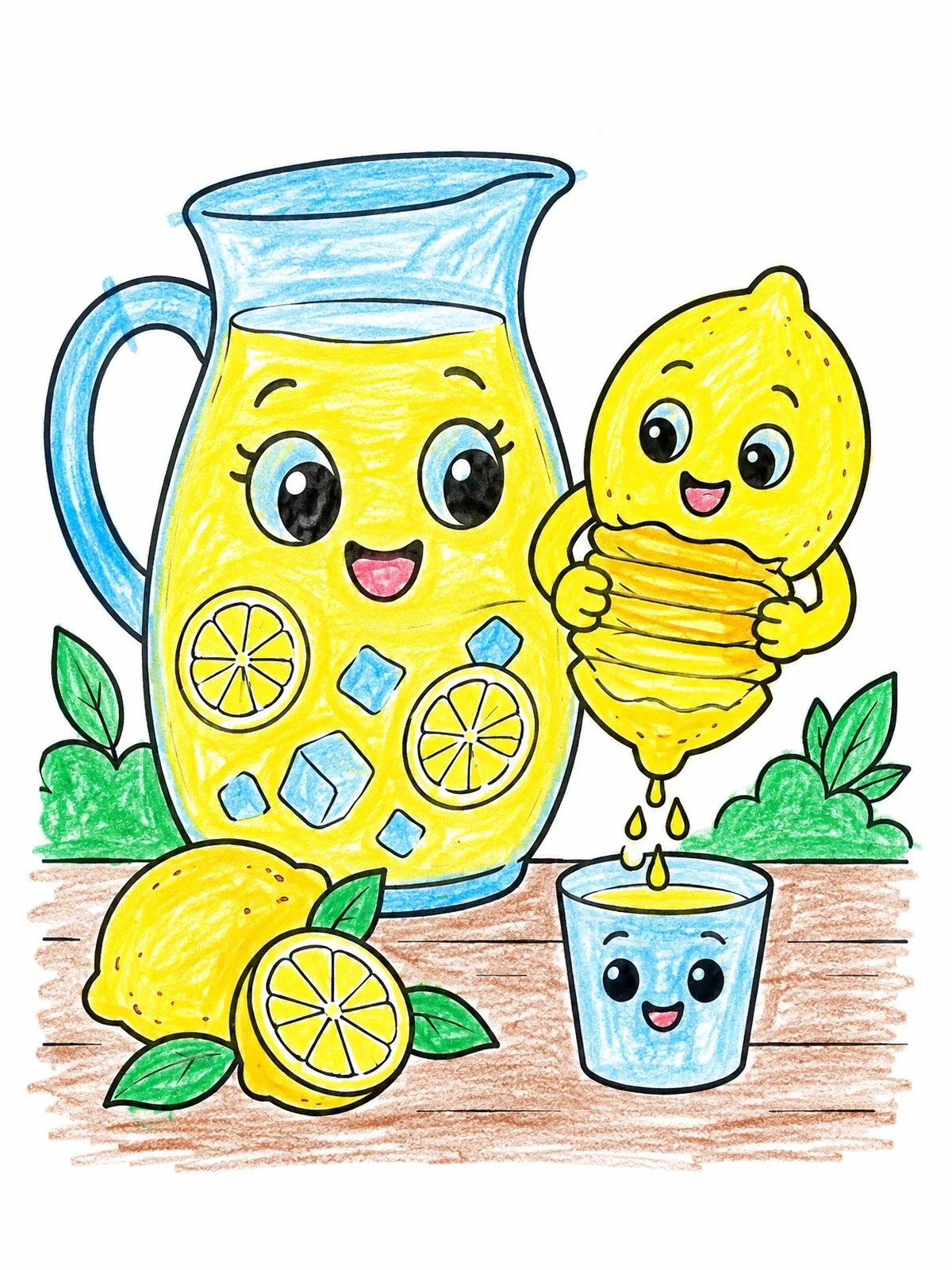 Colored example of the Happy Lemon Squeezing Fresh Juice coloring page