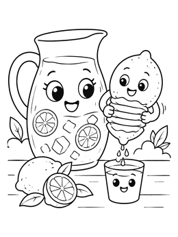 Free printable Happy Lemon Squeezing Fresh Juice coloring page