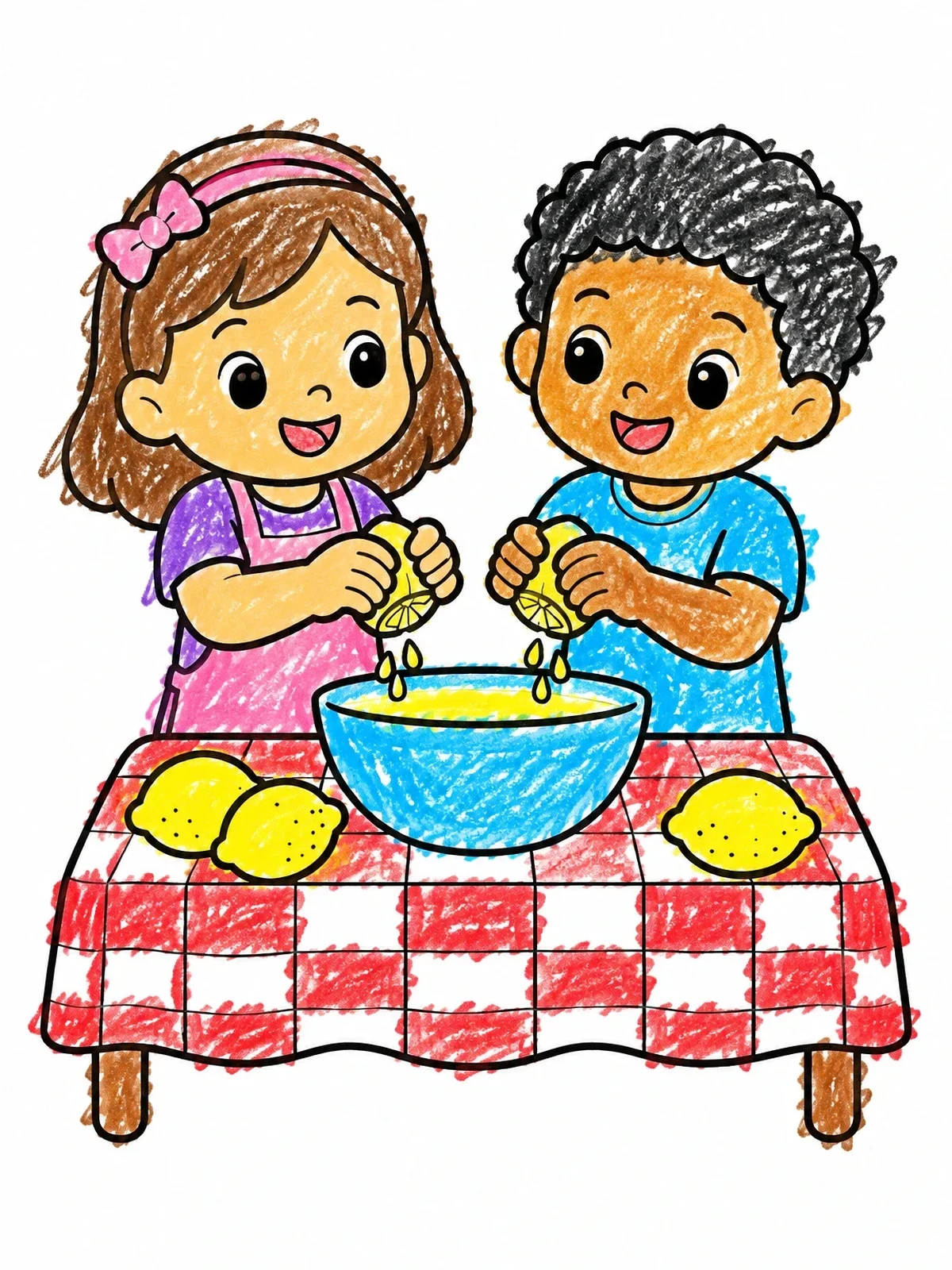 Colored example of the Kids Squeezing Fresh Lemons coloring page