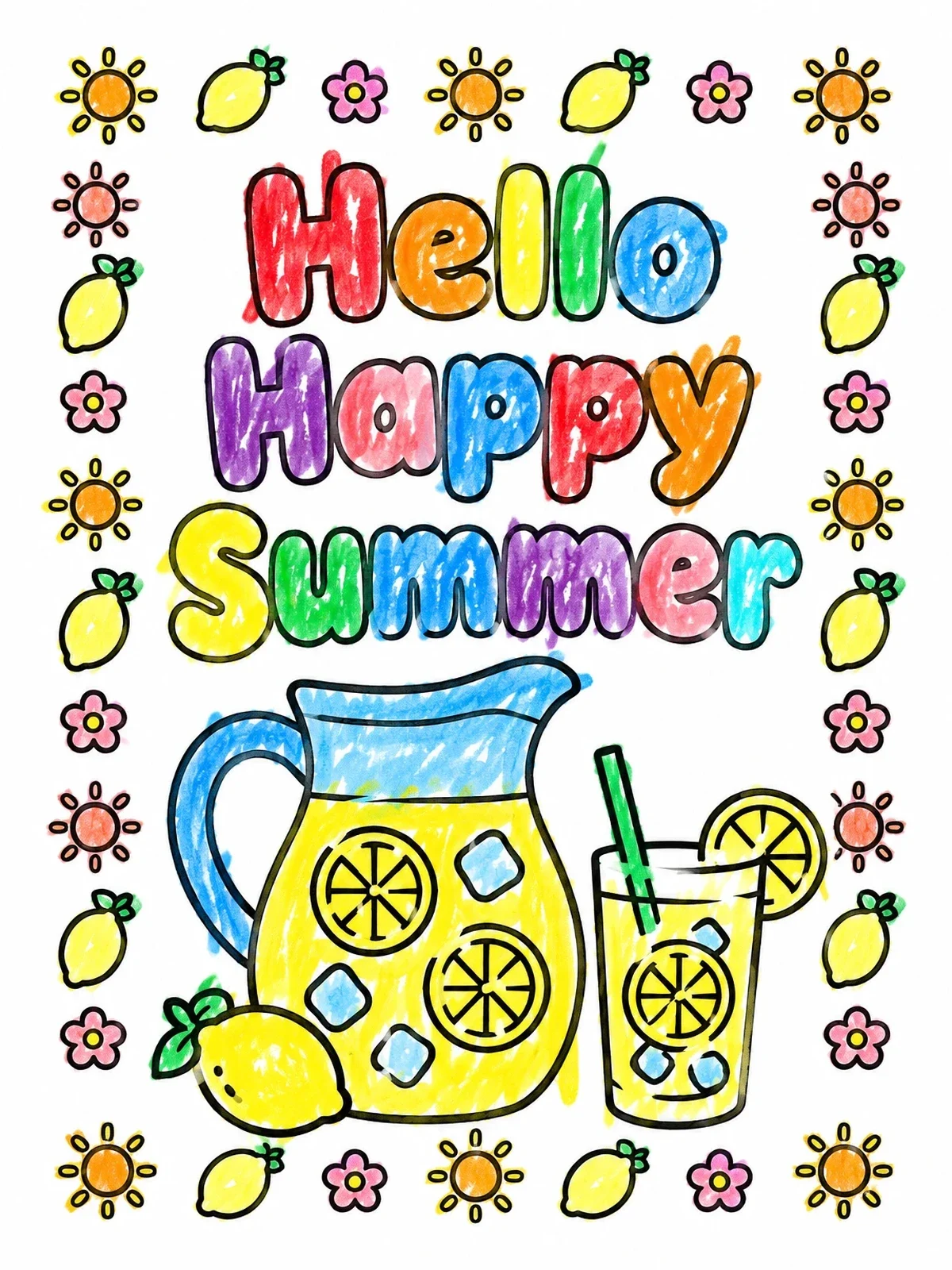Colored example of the Lemonade Pitcher And Hello Happy Summer coloring page
