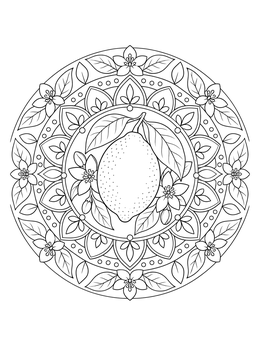 Intricate botanical lemons coloring page with blossoms and leaves arranged in a circular mandala pattern.