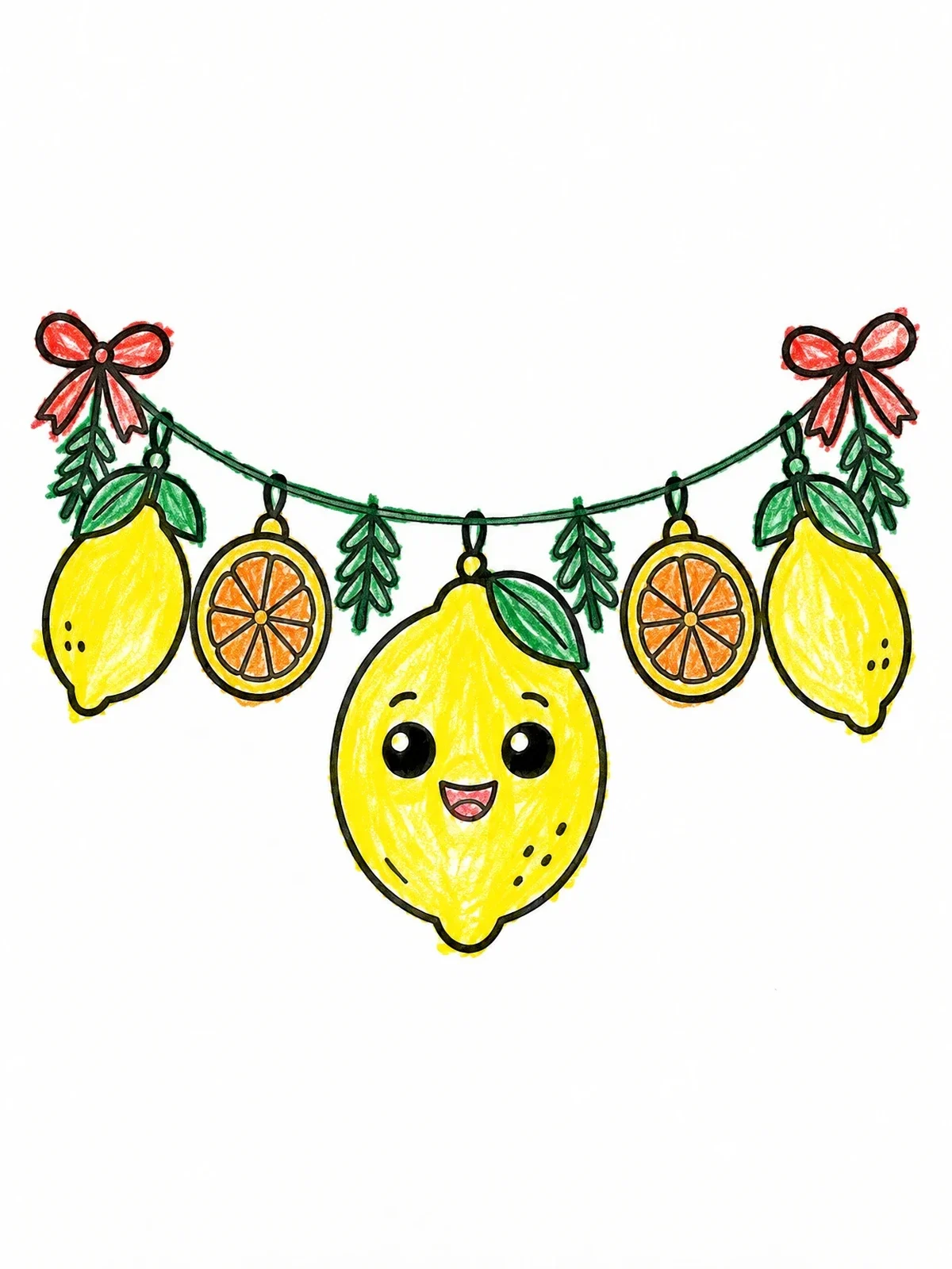 Colored example of the Cheerful Citrus Garland With Lemon Face coloring page