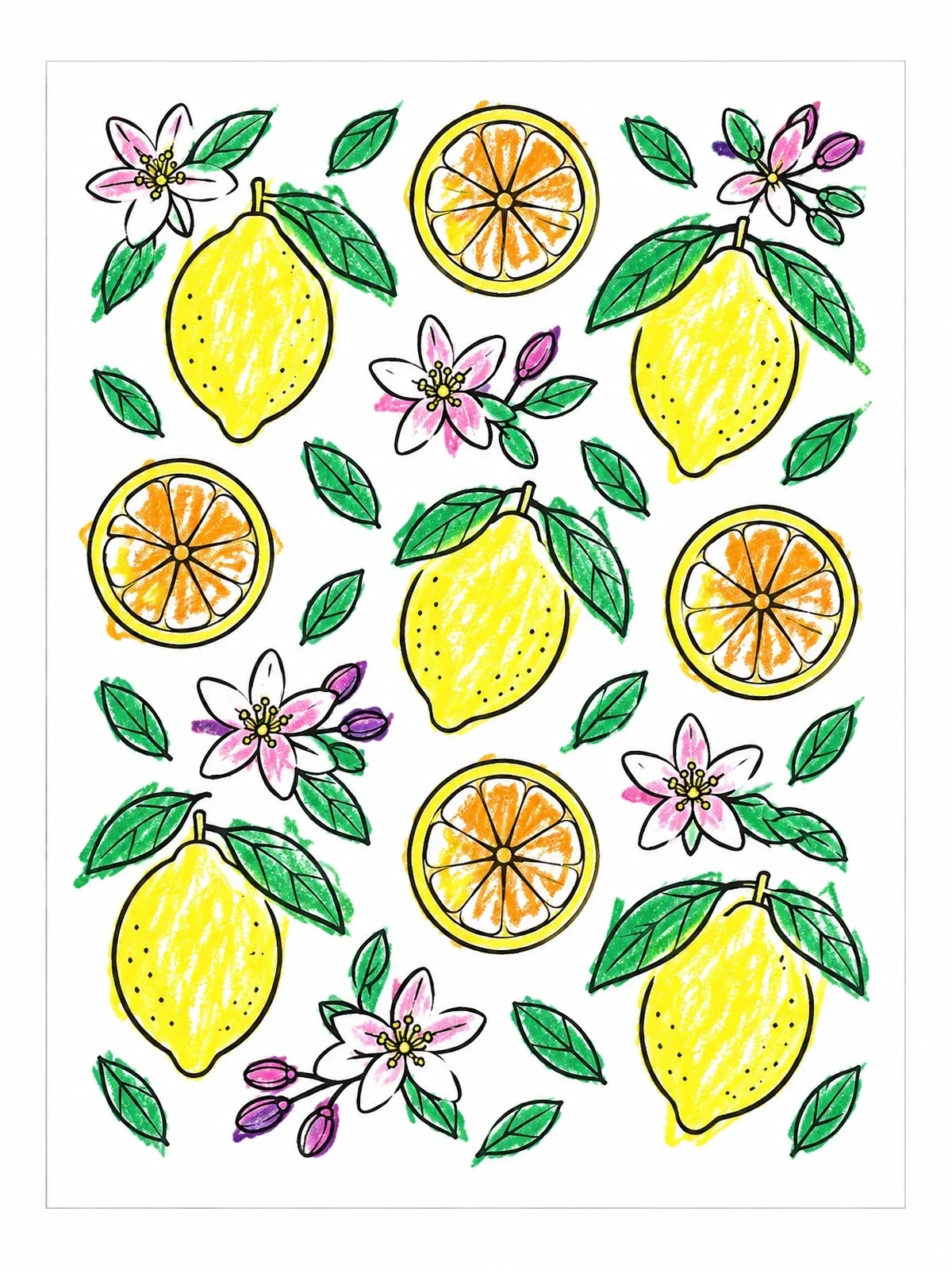 Colored example of the Lemons, Citrus Slices, And Blossoms Pattern coloring page